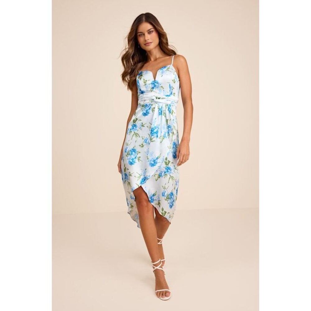Lulus My Favorite Day Light Blue Floral Print Tulip Skirt Midi Dress - Size L